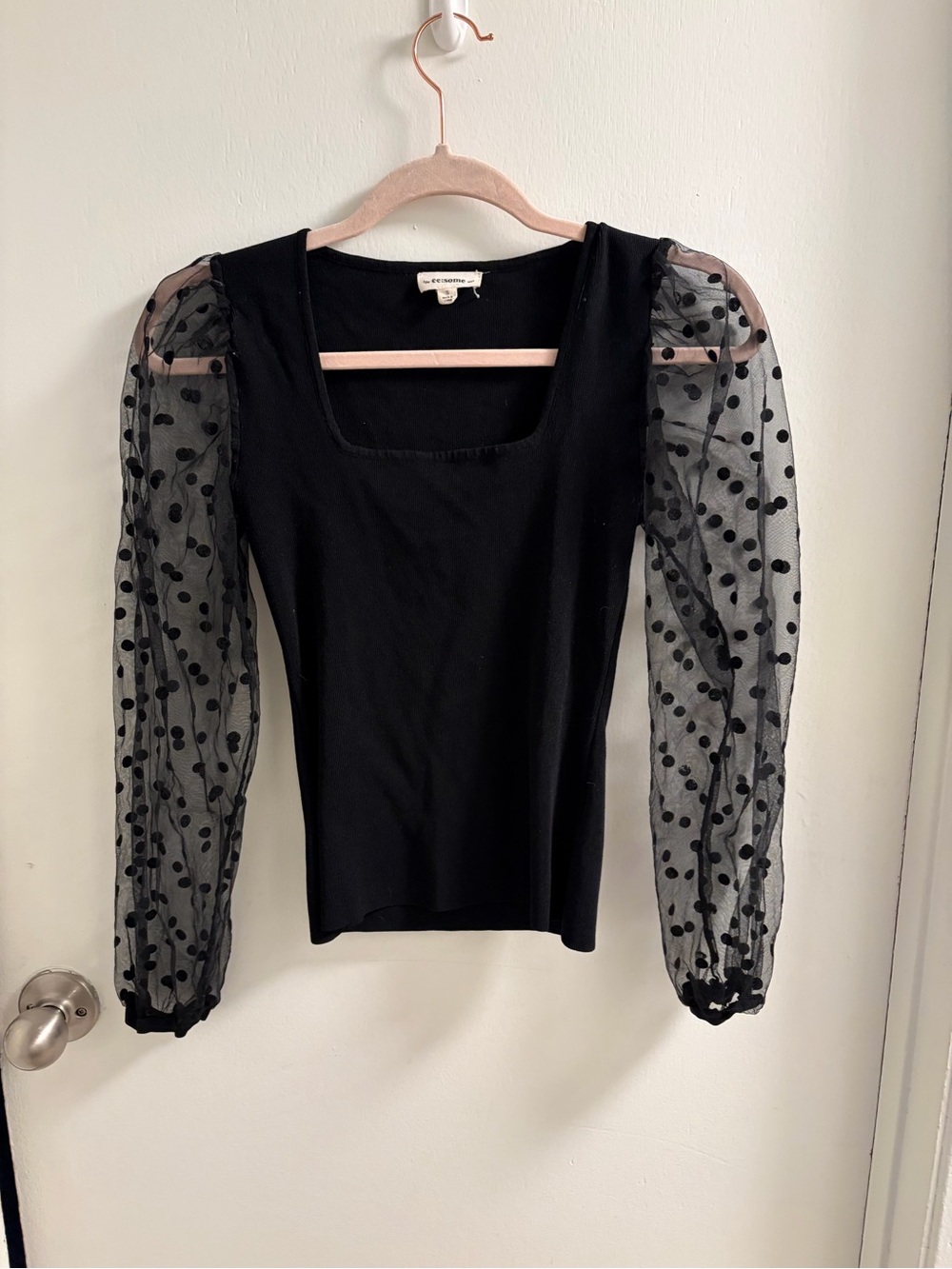 ee:some Black Sheer Mesh Polka Dot Sleeve Square Neck Top Size Small